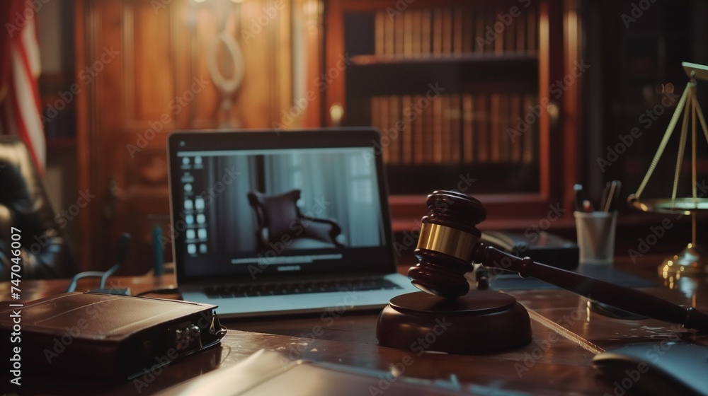 An illustration of a virtual court concept, depicting an online court hearing with a judge, lawyers, and participants connecting remotely through video conferencing technology. - obrazy, fototapety, plakaty 
