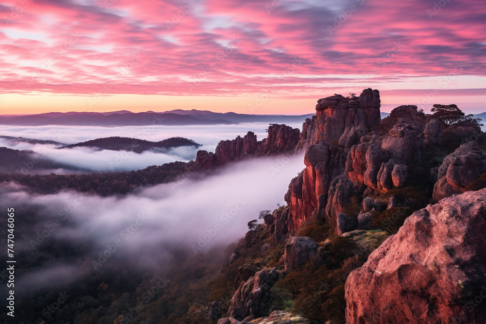 High rocks in pink clouds and fog. Beautiful landscape of mountain peaks. Generated by artificial intelligence High rocks in pink clouds and fog. Beautiful landscape of mountain peaks. Generated by artificial intelligence