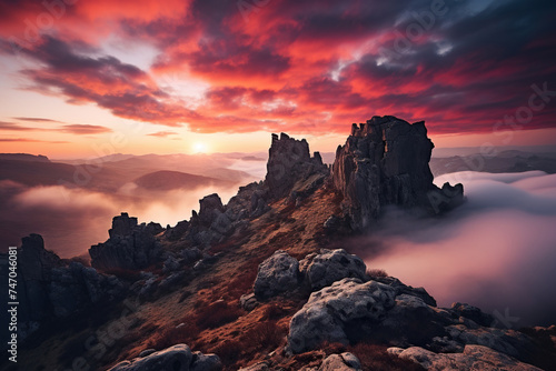 Pink sunset sky among mountains and rocks. Generated by artificial intelligence © Vovmar