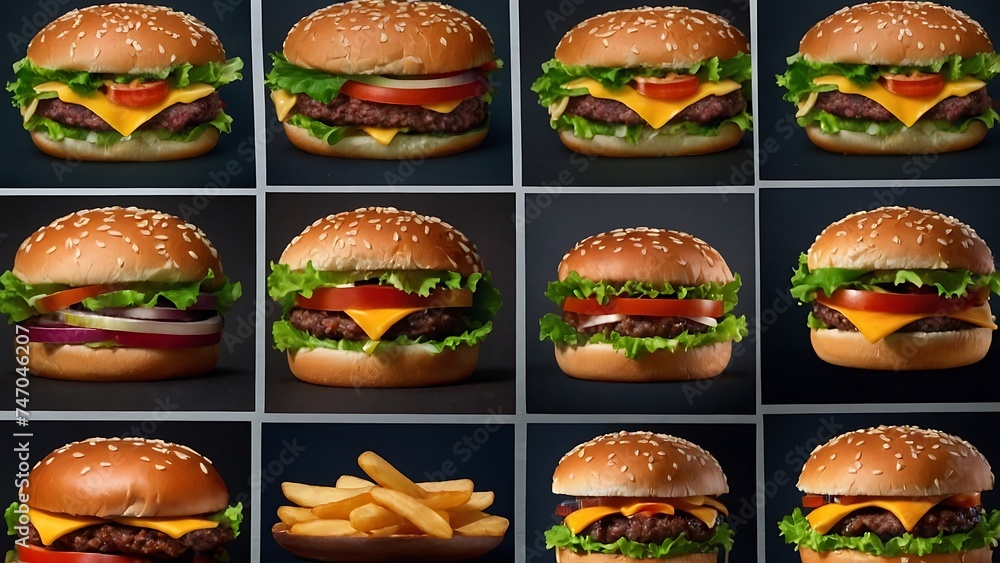 Assorted fast food items including burgers, cheeseburgers, and toppings like lettuce, tomato, cheese, and beef on black background Assorted fast food items including burgers, cheeseburgers, and toppings like lettuce, tomato, cheese, and beef on black background