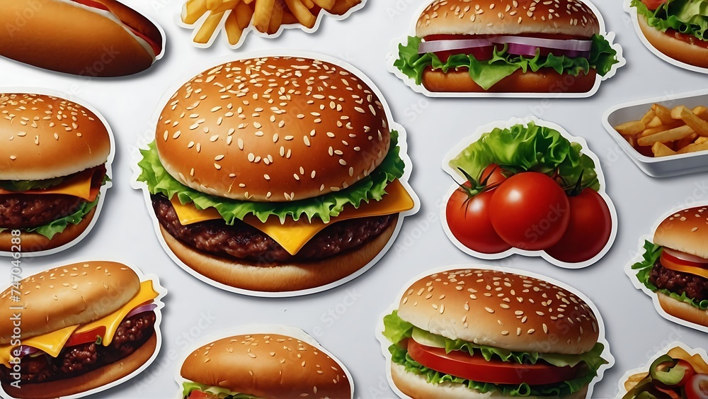 Assorted fast food items including burgers, cheeseburgers, and toppings like lettuce, tomato, cheese, and beef on white background Assorted fast food items including burgers, cheeseburgers, and toppings like lettuce, tomato, cheese, and beef on white background