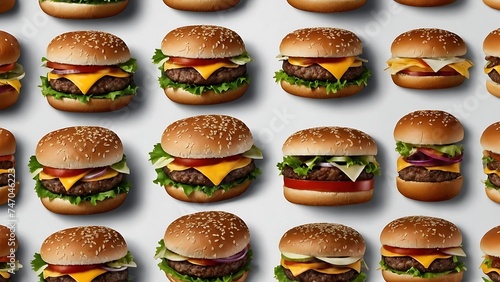 Assorted fast food items including burgers, cheeseburgers, and toppings like lettuce, tomato, cheese, and beef on white background photo