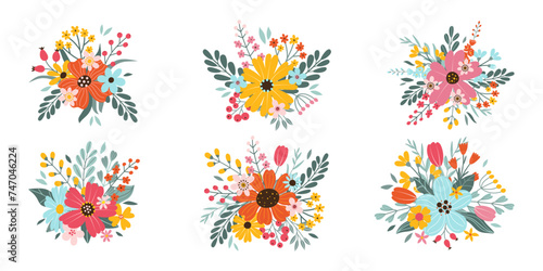 Set isolated beautiful spring or summer bouquets. Cute hand drawn flat vector flowers, leaves, berries. Design elements for decoration greeting card, poster, wedding invitation.