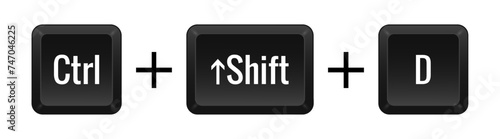 CTRL Shift D Key combination. Keyboard, control, computer, shortcut, laptop, functional, input device, peripheral, enter the text, typing, type, hotkeys, layout, language, qwerty. Vector illustration