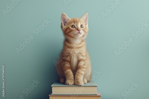 Education concept - rad ginger cat sitting on books on blue background. April National Library Day. I love read the books. Cute mouse sitting on the top of books stack photo