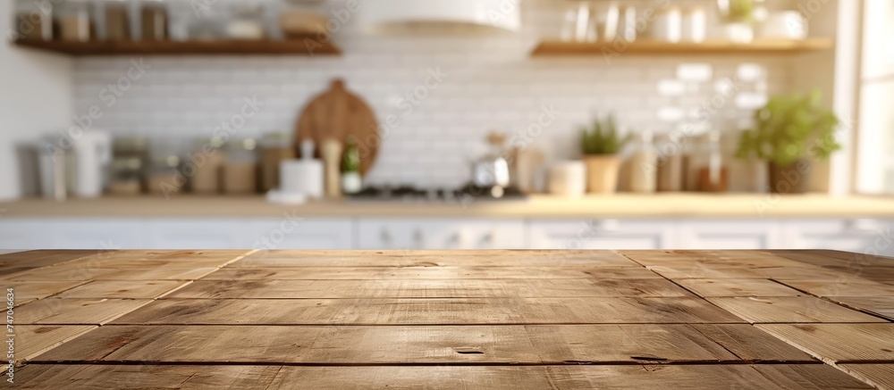 A wooden table is in the foreground with a kitchen in the background in a city building setting. A wooden table is in the foreground with a kitchen in the background in a city building setting.