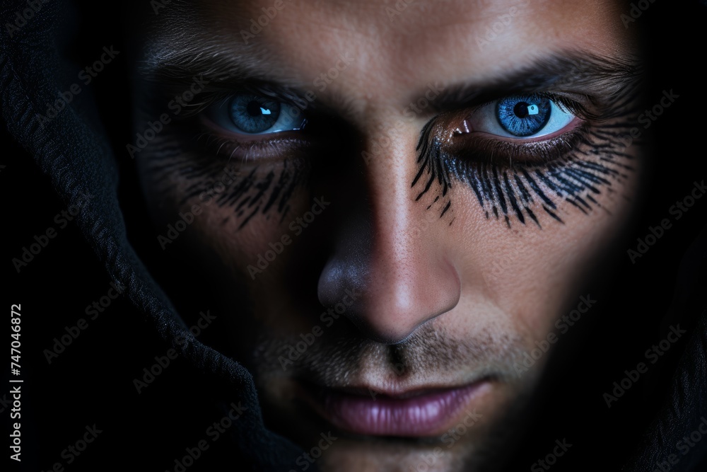 Close-up portrait of a man with vivid blue contact lenses, their brightness creating a mysterious and alluring look
Close-up portrait of a man with vivid blue contact lenses, their brightness creating a mysterious and alluring look