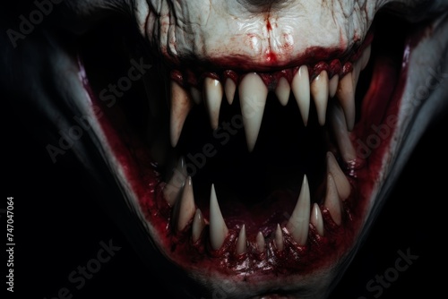 Vampire fangs, emerging from the darkness like daggers poised to strike, with hints of blood staining the ivory surface. The predatory nature of the teeth is palpable, evoking a sense of fear and fasc photo