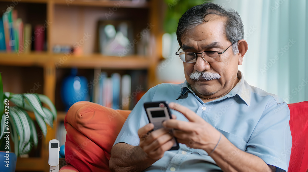 Elderly senior man checking glucose level by tapping smartphone to monitoring sensor at home - concept of health care, technology and mdicare. Elderly senior man checking glucose level by tapping smartphone to monitoring sensor at home - concept of health care, technology and mdicare.