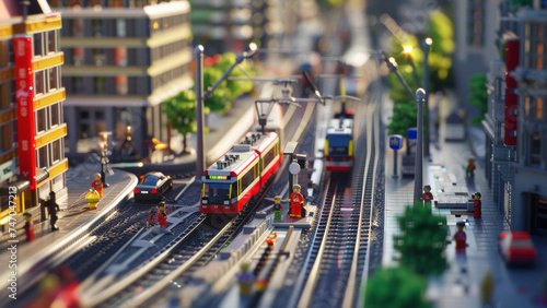 Miniature cityscape with a toy train, a playful urban diorama in warm light.