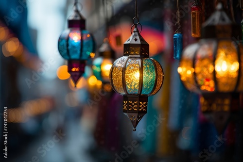 
Decorative lanterns and colorful lights illuminating the streets and homes in honor of Eid al-Fitr, creating a festive atmosphere of joy and celebration photo