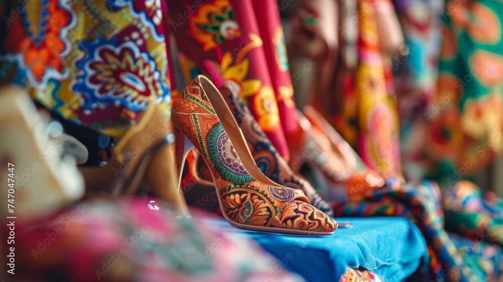 Vibrant, traditional embroidered shoes and garments. Showcases ethnic craftsmanship and cultural fashion.