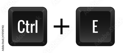 CTRL E Key combination. Keyboard, control, computer, shortcut, laptop, functional, input device, peripheral, enter the text, typing, type, hotkeys, layout, language, qwerty. Vector illustration