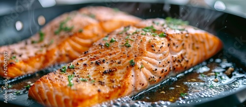 Two pieces of salmon are sizzling in a pan, creating a delicious aroma. This seafood dish is being expertly prepared for a mouthwatering meal. © TheWaterMeloonProjec