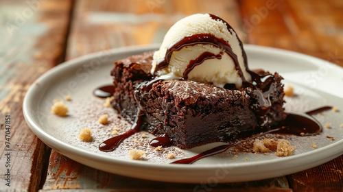 A Freshly Baked Moist Chocolate Ice Cream Brownie on a White Plate