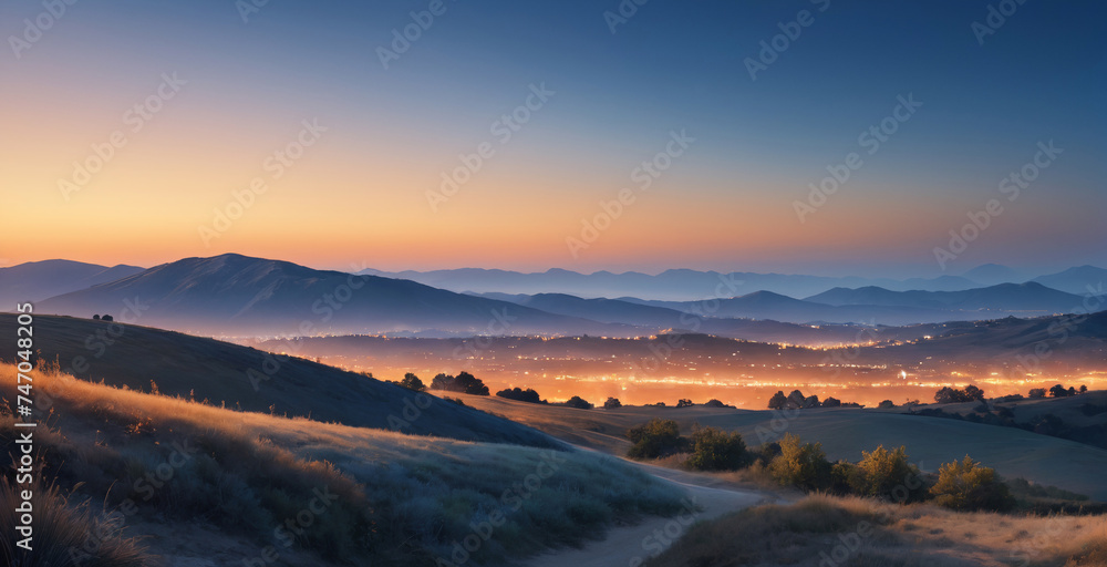 Sunset in the mountains. A calm clear sky with soft gradient orange-gold sunlight against a blue evening background