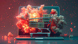 Explosive Shopping Cart in Front of a Laptop