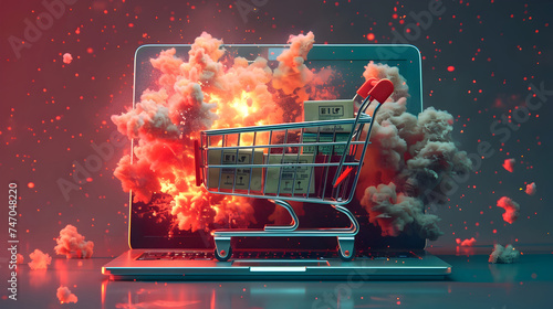 Explosive Shopping Cart in Front of a Laptop