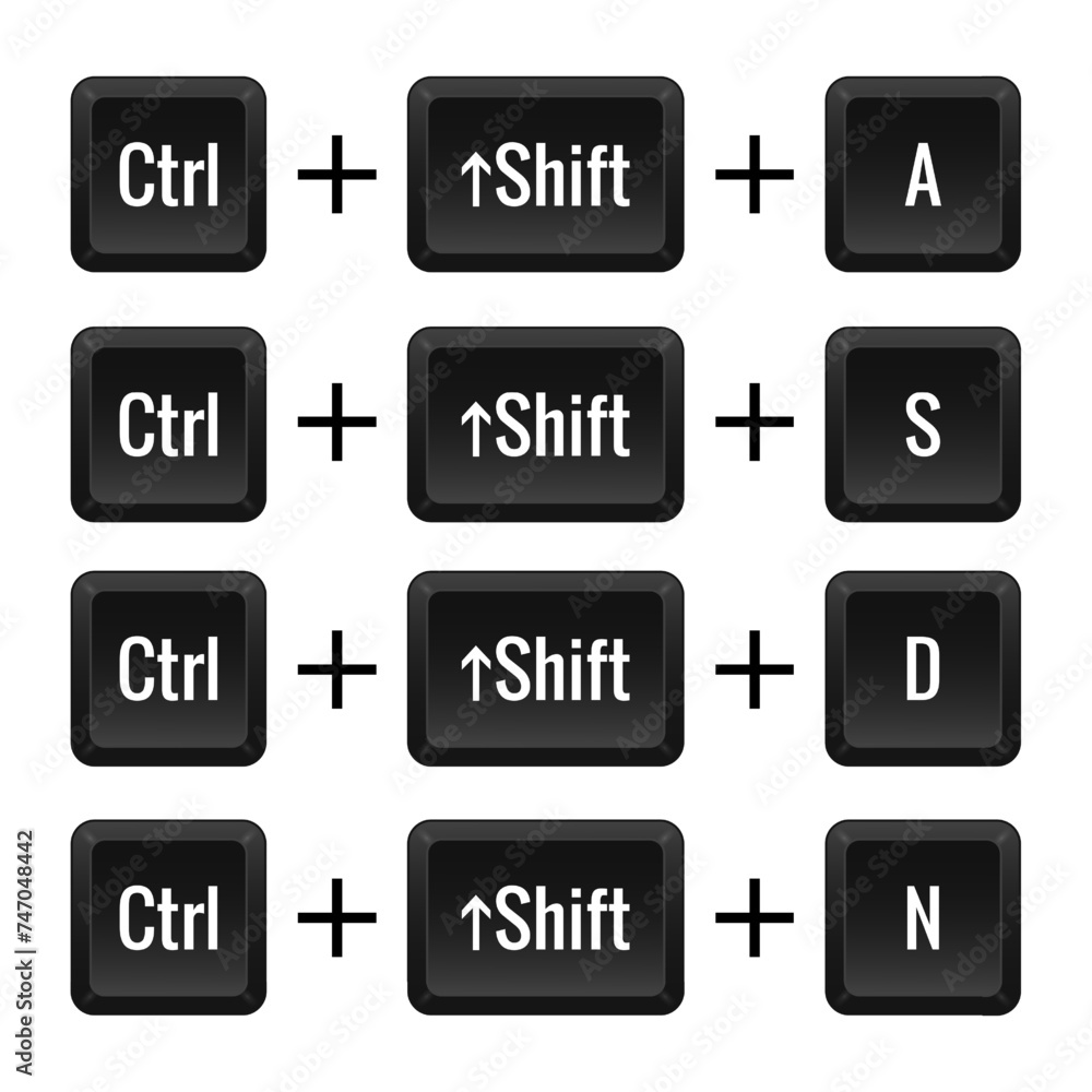 Keyboard combinations of Ctrl, Shift and A, S, D, N. Hotkeys, control, macro, shortcut, command, input, enter, type, layout, computer, laptop key. Select all, save, new. Vector illustration Keyboard combinations of Ctrl, Shift and A, S, D, N. Hotkeys, control, macro, shortcut, command, input, enter, type, layout, computer, laptop key. Select all, save, new. Vector illustration