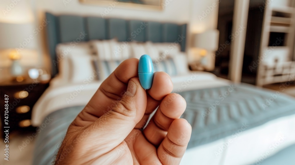 A man s hand holding a blue pill against a blurred bedroom background, health concept