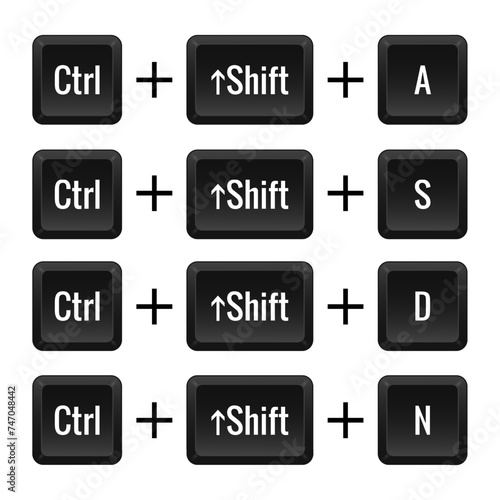 Keyboard combinations of Ctrl, Shift and A, S, D, N. Hotkeys, control, macro, shortcut, command, input, enter, type, layout, computer, laptop key. Select all, save, new. Vector illustration