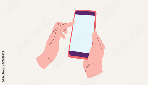 Hand holding smartphone. Finger touch screen. Vector flat cartoon illustration for web sites and banners design.