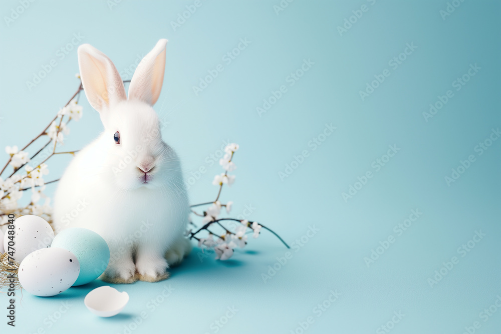 Obraz premium White rabbit and Easter eggs on pastel blue background with copy space.