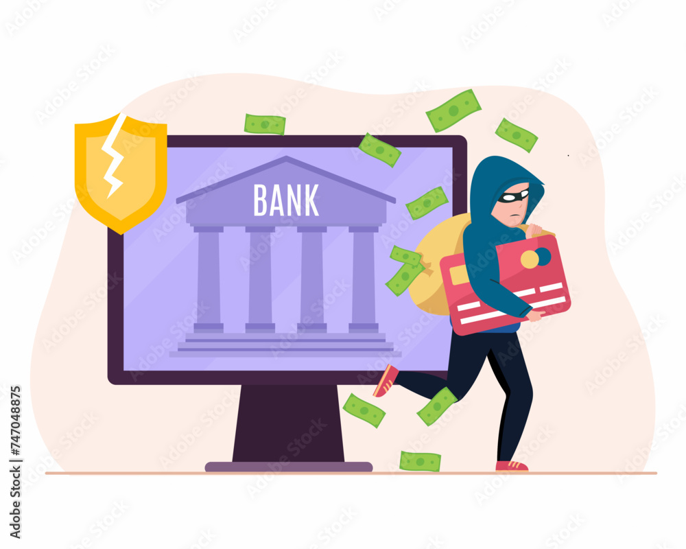 Thief running with stealing money bag credit card confidential information Financial Criminal cyber crime vector illustration
