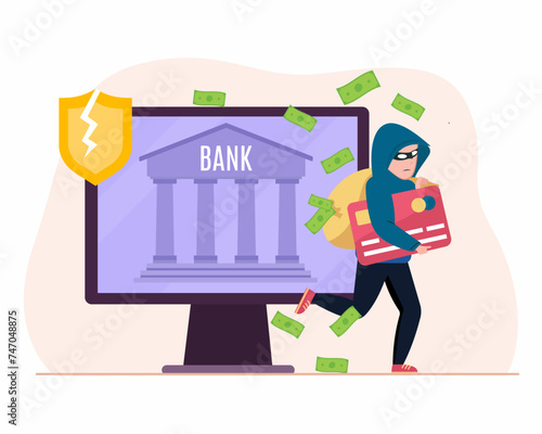 Thief running with stealing money bag credit card confidential information Financial Criminal cyber crime vector illustration