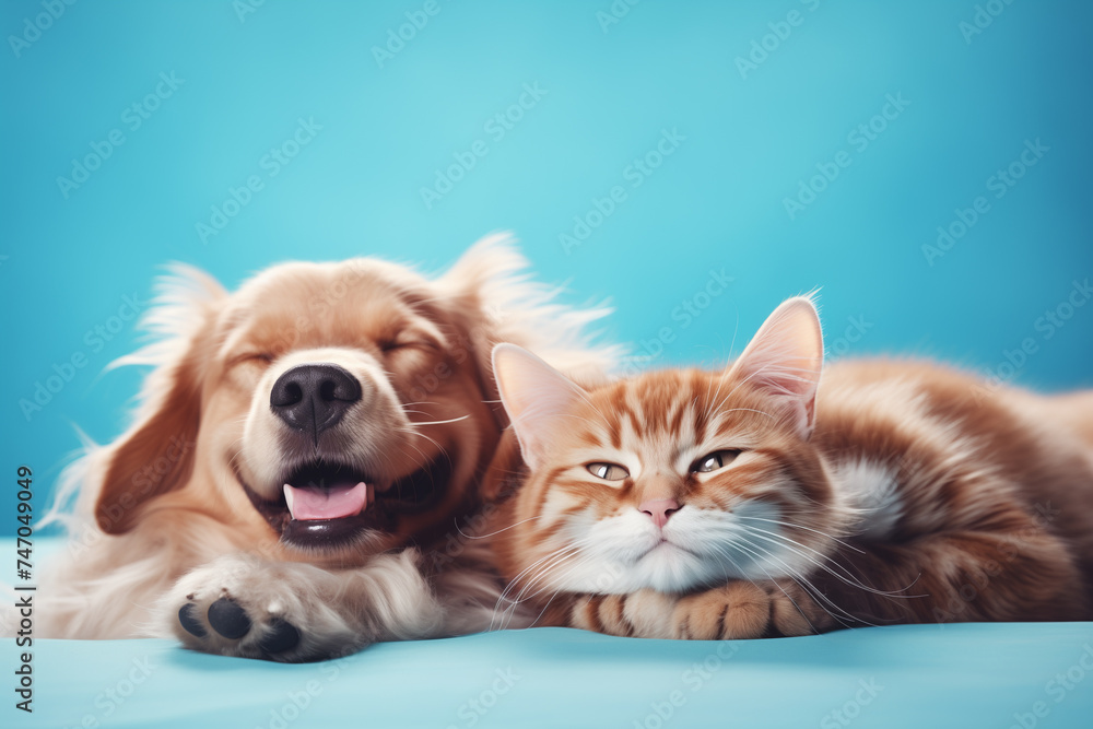 Cute dog and cat with happy expression lying together. Banner of pets. Cute dog and cat with happy expression lying together. Banner of pets.