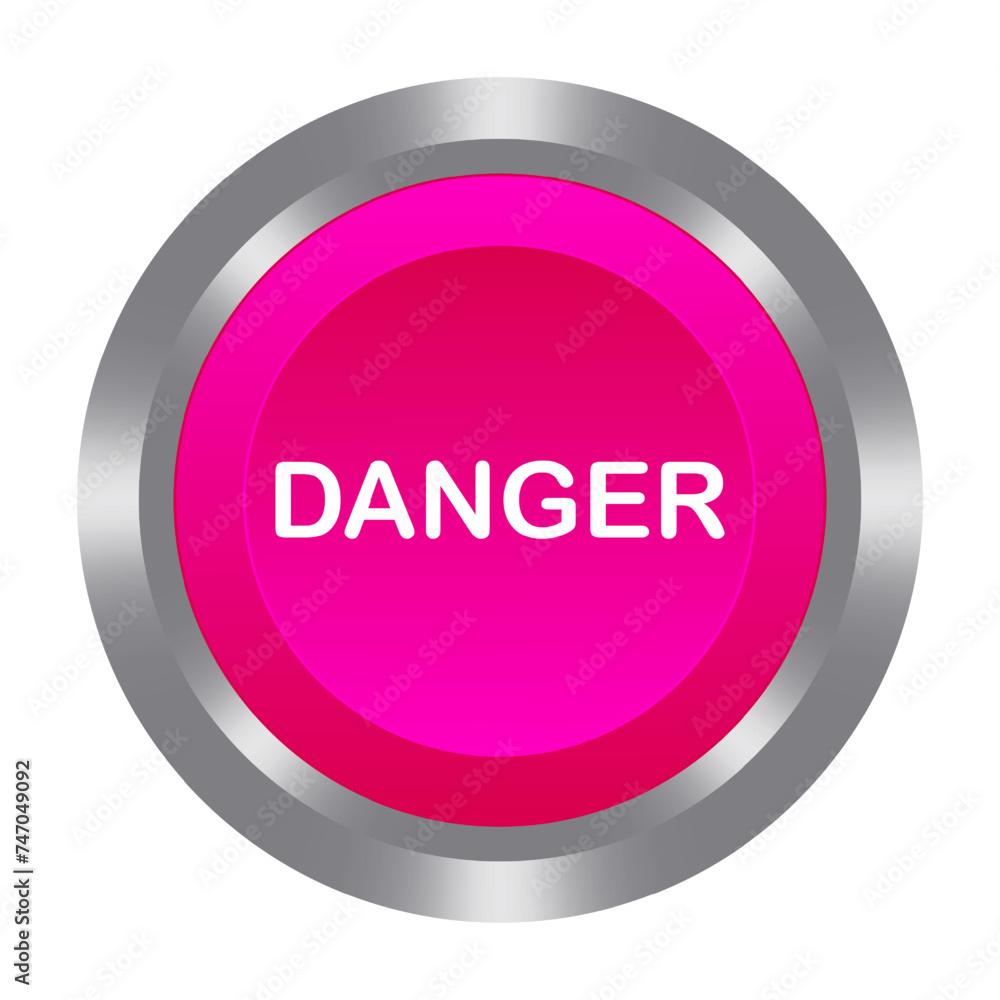 Danger pink button with metal base. Push, press, control, manipulation, key, knob. Caution, dangerous, warning, no entry, emergency situation, accident, save, alarm air raid alert. Vector illustration Danger pink button with metal base. Push, press, control, manipulation, key, knob. Caution, dangerous, warning, no entry, emergency situation, accident, save, alarm air raid alert. Vector illustration