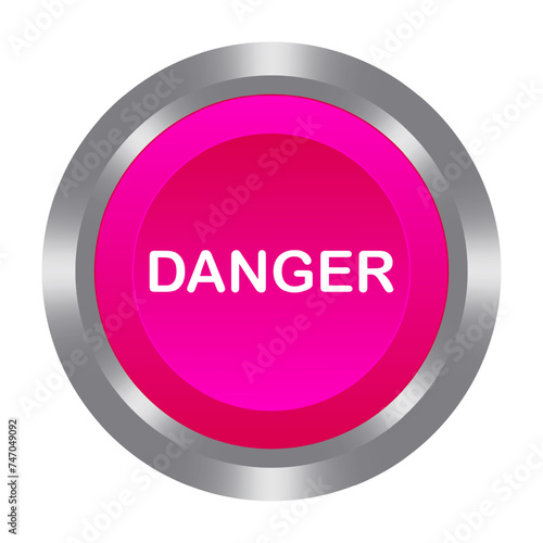 Danger pink button with metal base. Push, press, control, manipulation, key, knob. Caution, dangerous, warning, no entry, emergency situation, accident, save, alarm air raid alert. Vector illustration