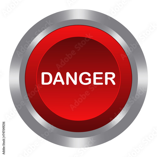 Danger red button with metal base. Push, press, control, manipulation, key, knob. Caution, dangerous, warning, no entry, emergency situation, accident, save, alarm air raid alert. Vector illustration
