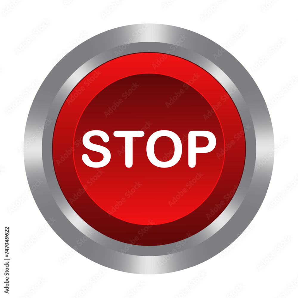 Stop red button with metal base. Push, press, control, manipulation, key, knob. Shutdown, switch off, turn, finish, close, end, cease, complete, cut, disconnect, ungear, reset. Vector illustration Stop red button with metal base. Push, press, control, manipulation, key, knob. Shutdown, switch off, turn, finish, close, end, cease, complete, cut, disconnect, ungear, reset. Vector illustration