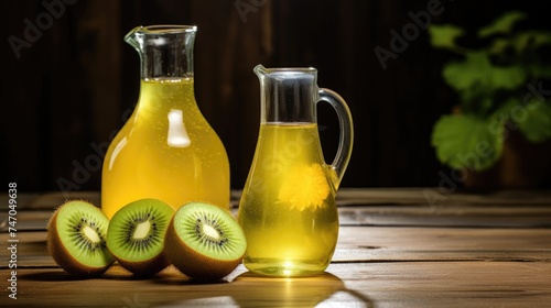 Juice or cocktail of ripe kiwi on a dark background. A refreshing soft drink  lemonade or smoothie in a glass.A healthy organic drink. Proper nutrition and diet.