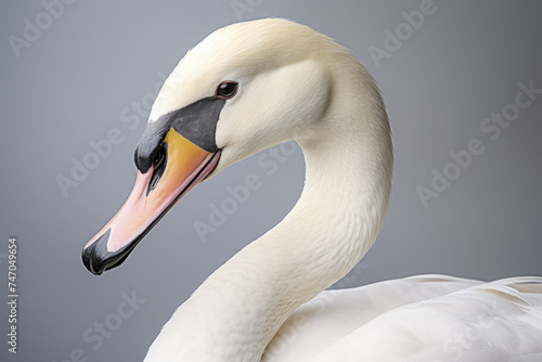Fototapeta Naklejka Na Ścianę i Meble -  Close-up of graceful white swan's head against neutral background. Wildlife and nature photography.