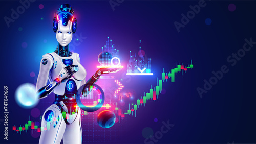 Robot AI trader analysing chart of stock exchange market. Woman robot trader assistant on forex market. Automated trading AI system. Bot trader developing trading strategy on stock exchange market.