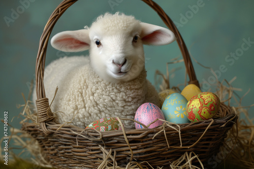 Easter lamb in a basket with easter eggs