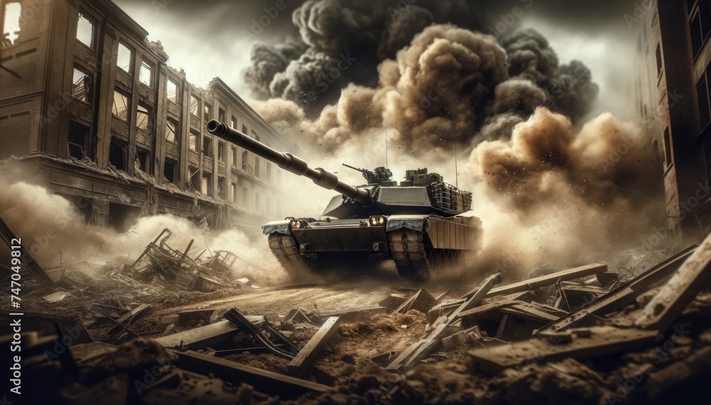 A battle tank moves through a devastated urban landscape, with buildings ablaze and smoke filling the air.