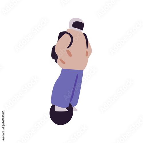 Person in safety helmet rides on electric unicycle. Character carries backpack, drives mono wheel. People uses monowheel, urban eco transport. Flat isolated vector illustration on white background