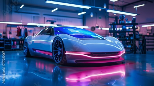 A futuristic car with holographic displays, sleek design, illuminated in a neon-lit mechanic's workshop at dusk © Shutter2U