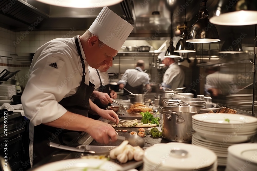 Professional chefs preparing a multi-course meal in a luxury restaurant kitchen