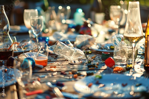 Close-up of a table covered with empty glasses, spilled drinks, and party leftovers in the morning light