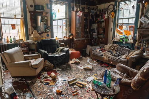 Interior of a living room in disarray with scattered party decorations, overturned furniture, and empty bottles after a wild party