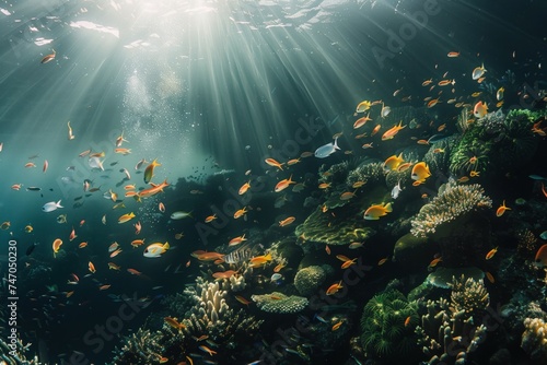 Underwater Paradise: Sunlight Illuminating Tropical Fish and Coral Reefs, Ideal for Marine Life Backgrounds © Oleg Kozlovskiy