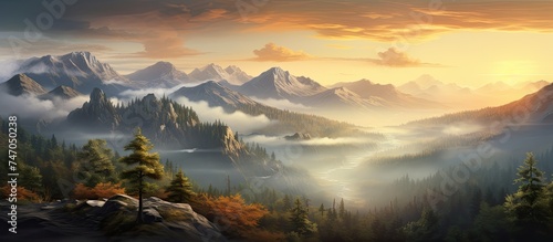 A painting showcasing a majestic mountain scene with towering peaks surrounded by fluffy clouds and lush green trees. The sunlight filters through the mist on a foggy morning, creating a mesmerizing