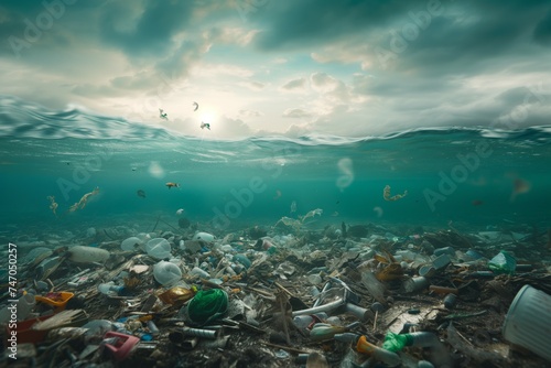 Underwater Perspective on Pollution. Sunlight Pierces the Ocean Surface, Revealing a Sea of Plastic Waste. A Stark Glance at the Pervasive Plastic Contaminating Our Ocean Depths. © Beyonder