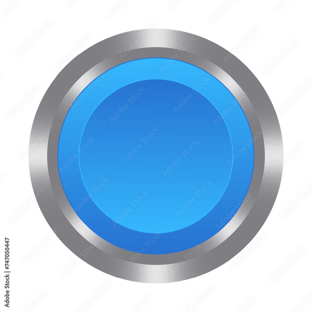 Blue button with metal base. Push, press, touch, control centre, panel, manipulation, key, knob, management, administration, operation, switch on off, stop, start, caution, help. Vector illustration Blue button with metal base. Push, press, touch, control centre, panel, manipulation, key, knob, management, administration, operation, switch on off, stop, start, caution, help. Vector illustration