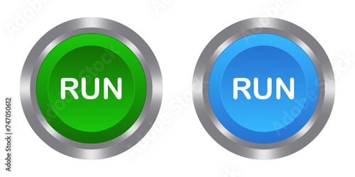 Run blue and green buttons with metal base. Push, press, control, manipulation, key. Starter, beginning, onset, opening, launch, start, program, turn on, switch, activate, plug in, install, contact