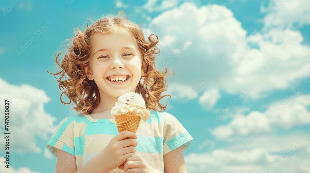 Happy child with ice cream. A cheerful young girl holding a cone of ice cream, with a sunny sky and fluffy clouds in the background. Happy child with ice cream. A cheerful young girl holding a cone of ice cream, with a sunny sky and fluffy clouds in the background.